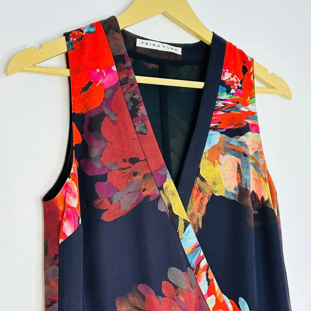 Trina Turk Sleeveless Faux Wrap Top Women XS Black Floral Peplum